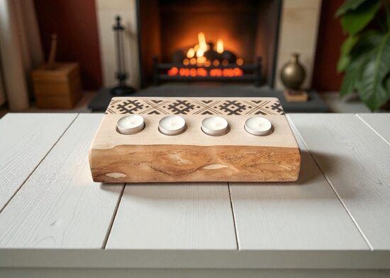 Engraved ash wood candle holder